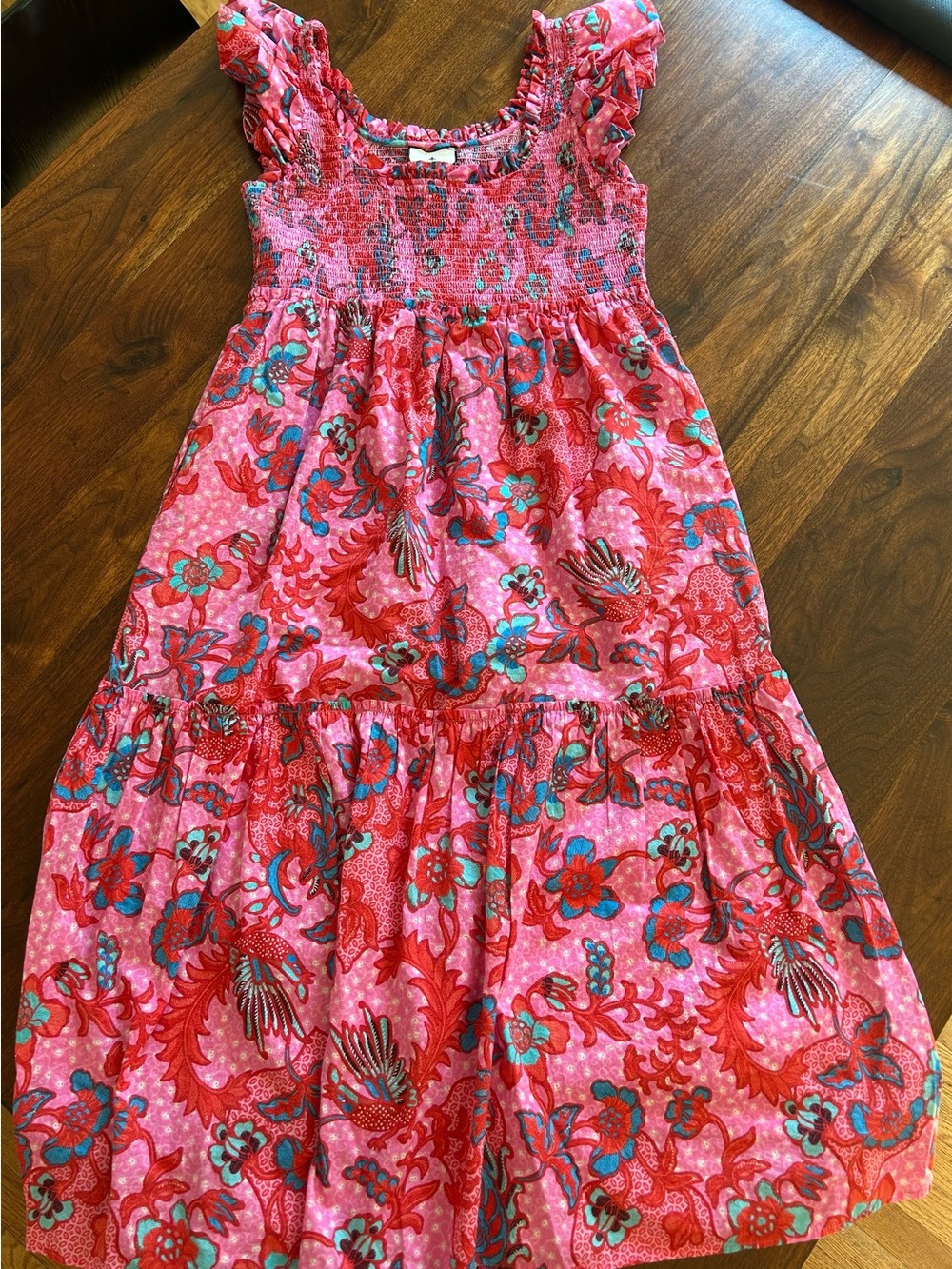 Tuckernuck Pink Floral Smocked Tiered Dress with Red and Teal Accents